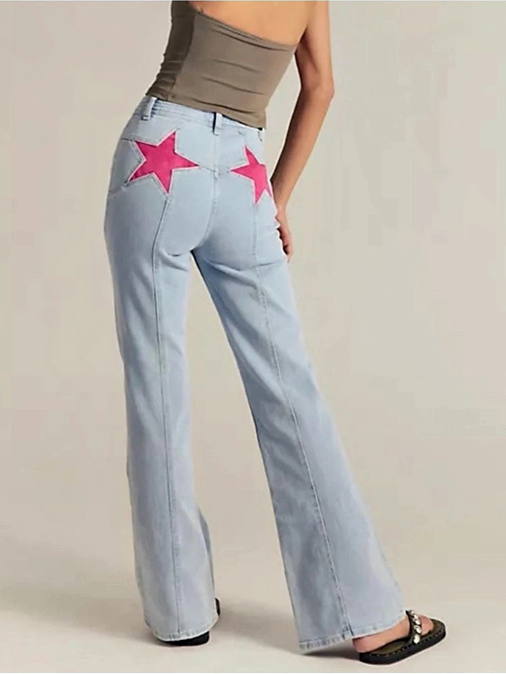 Free People Hot Pink Star Pocket Flare Jeans in Blue & Pink Like New 24